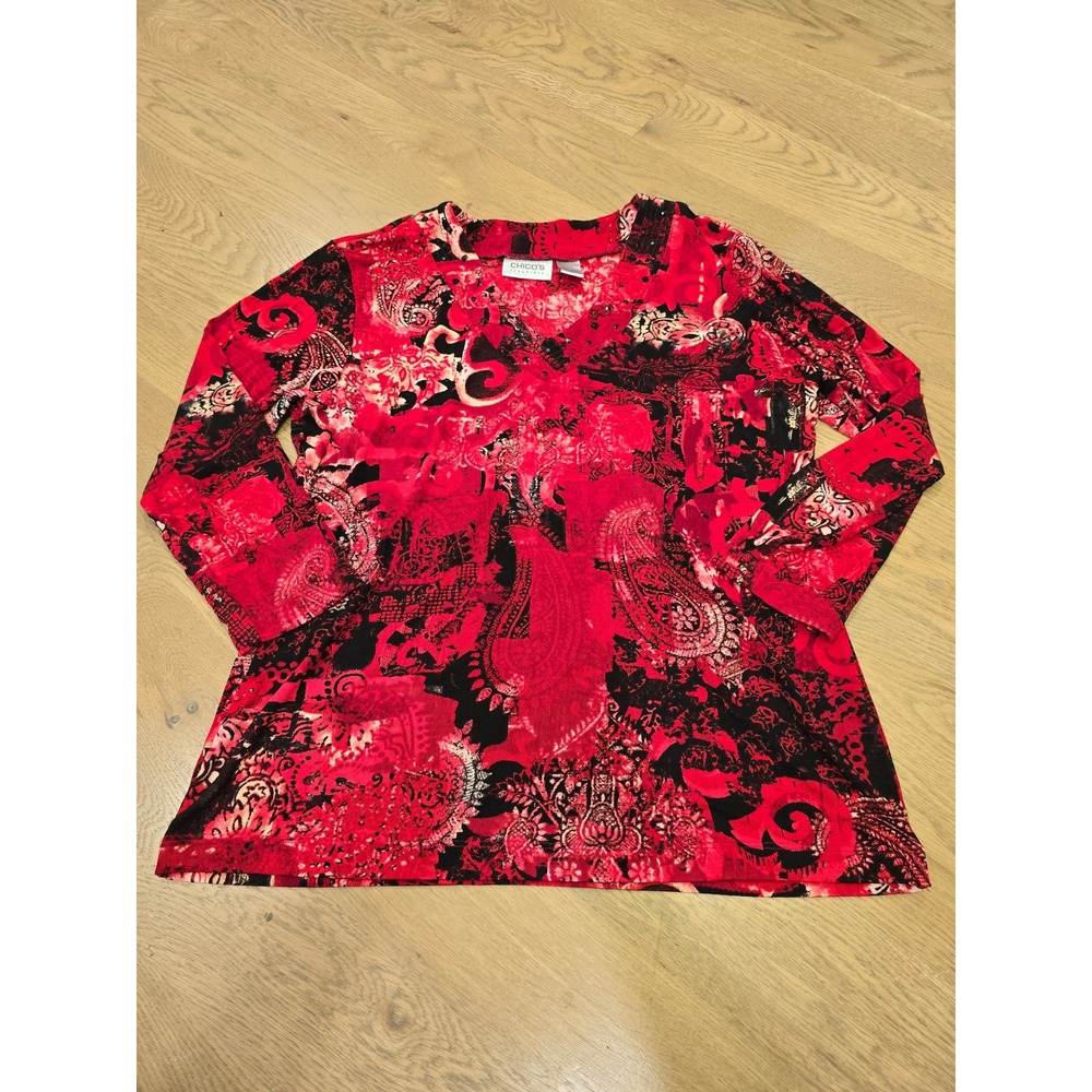 Chicos Travelers Red Black Paisley V-Neck Tunic Top Size 2 L Long Sleeve Stretch